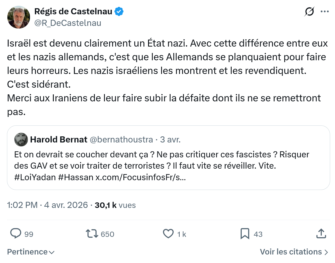 Régis de Castelnau: Israël est devenu clairement…