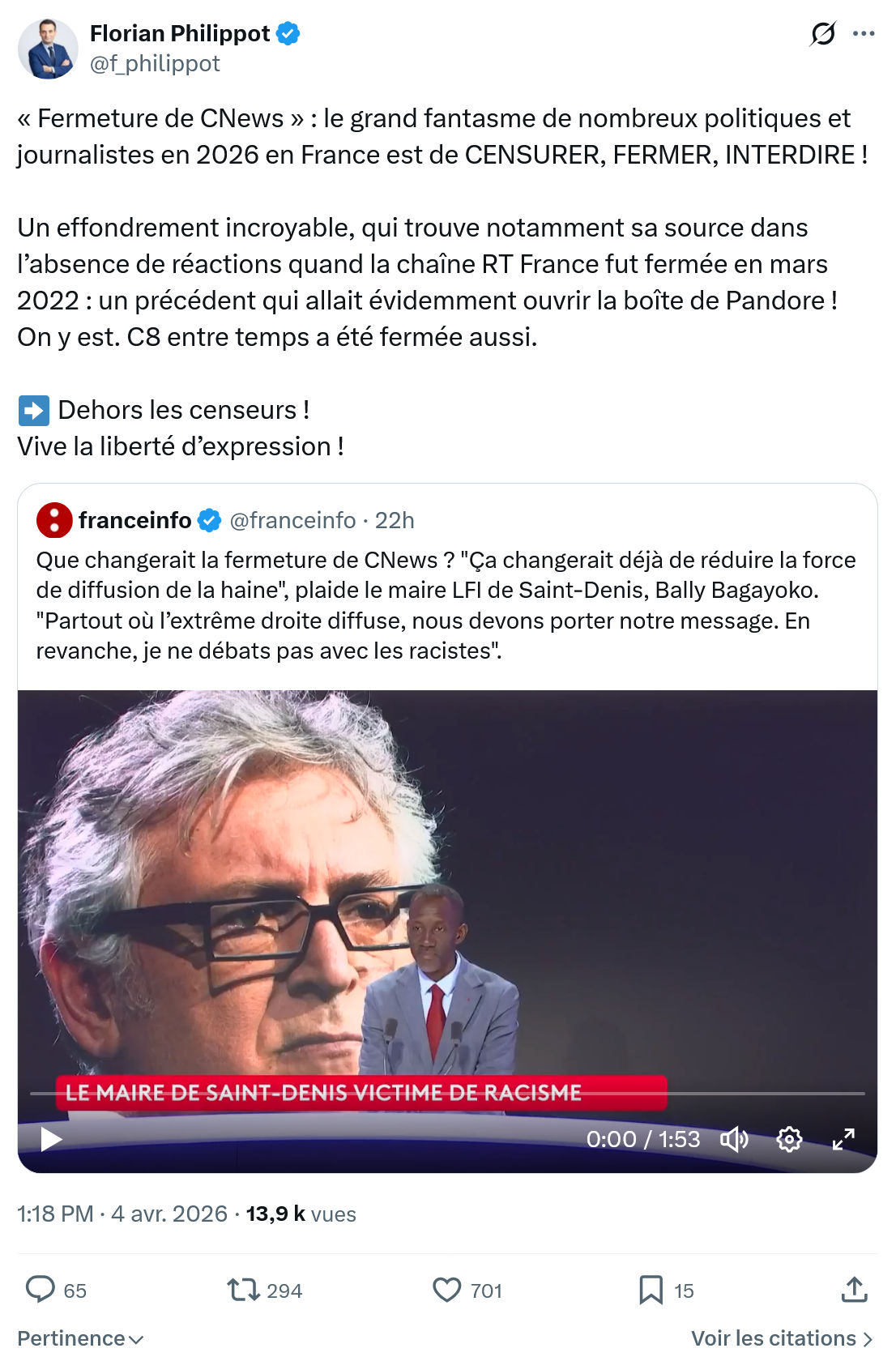 Florian Philippot: « Fermeture de CNews »…