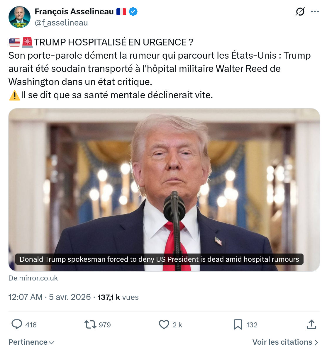 Francois Asselineau: TRUMP HOSPITALISÉ EN URGENCE…