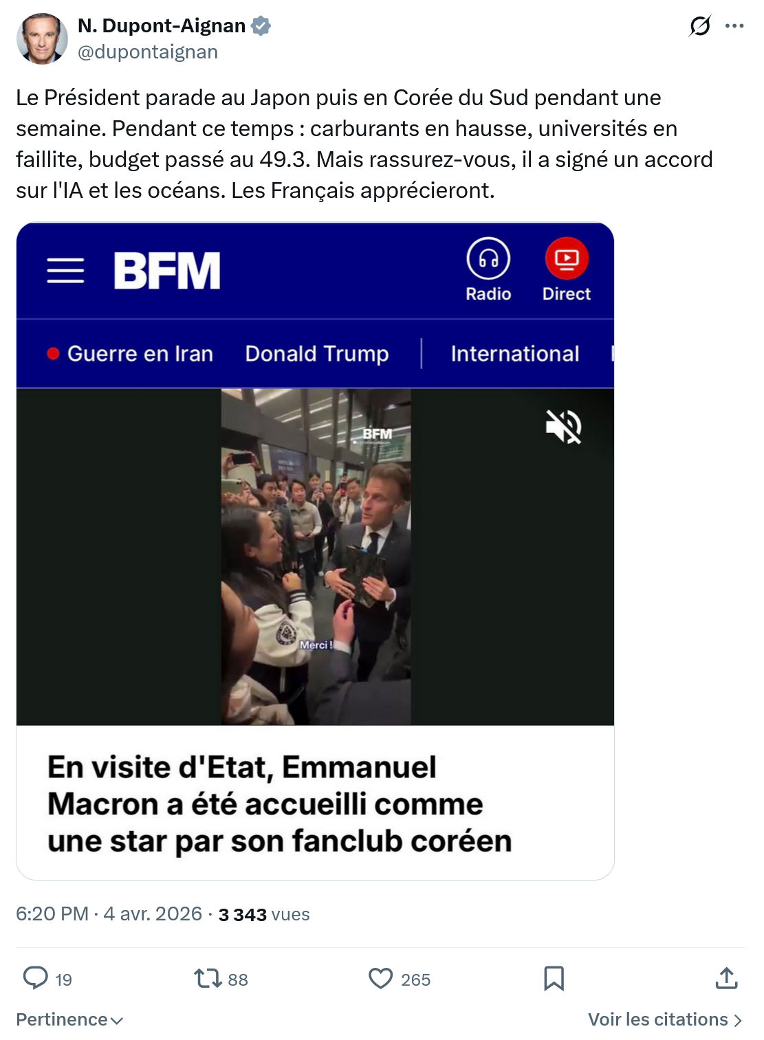 Nicolas Dupont-Aignan: Le Président parade au Japon…