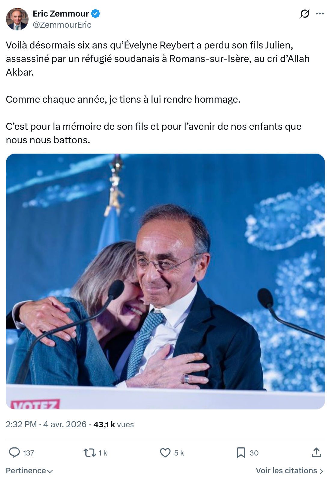 Eric Zemmour: Voilà désormais six ans qu’Évelyne Reybert…