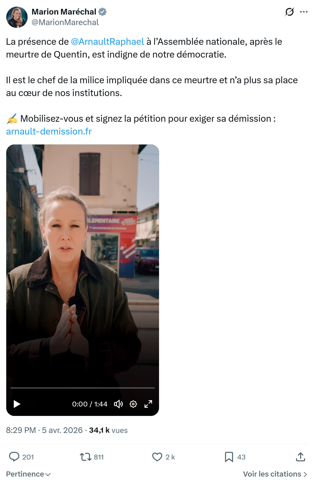 Marion Maréchal- Le Pen: La présence de @ArnaultRaphael  à l’Assemblée…
