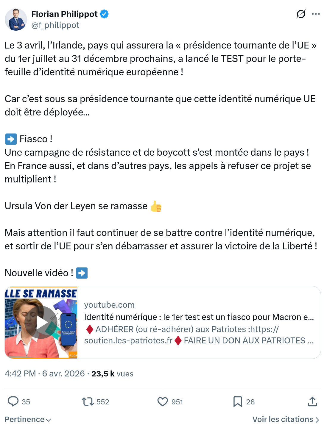 Florian Philippot: Le 3 avril, l’Irlande, pays qui assurera…