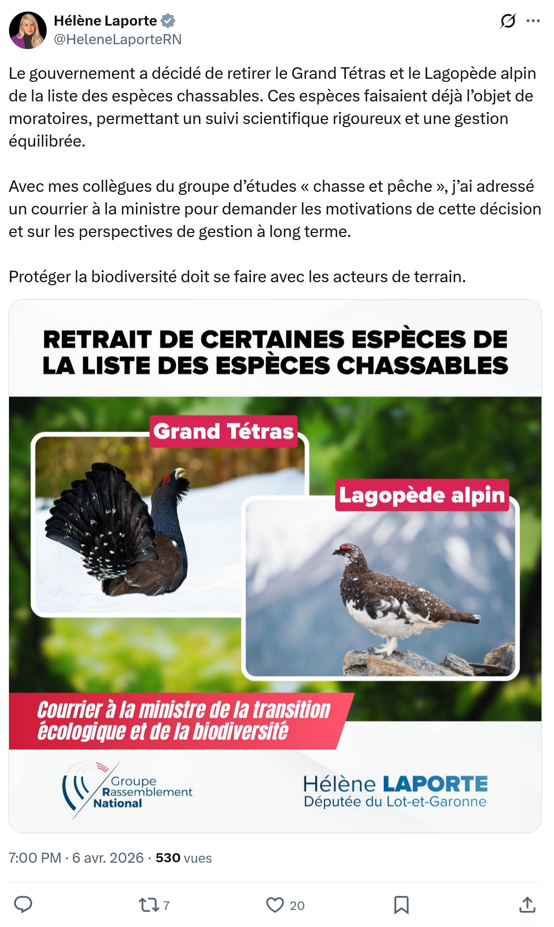 Hélène Laporte: Le gouvernement a décidé de retirer le Grand Tétras…