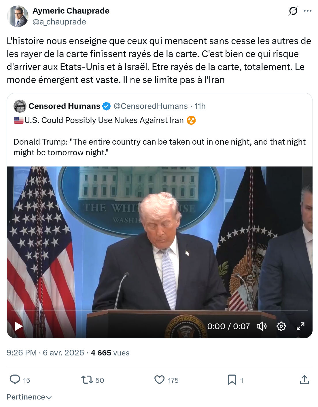 Aymeric Chauprad: L'histoire nous enseigne que ceux qui menacent…