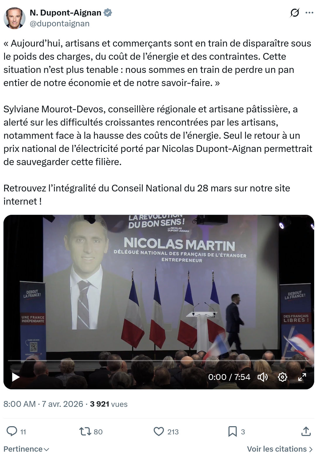 Nicolas Dupont-Aignan: Aujourd’hui, artisans et commerçants…