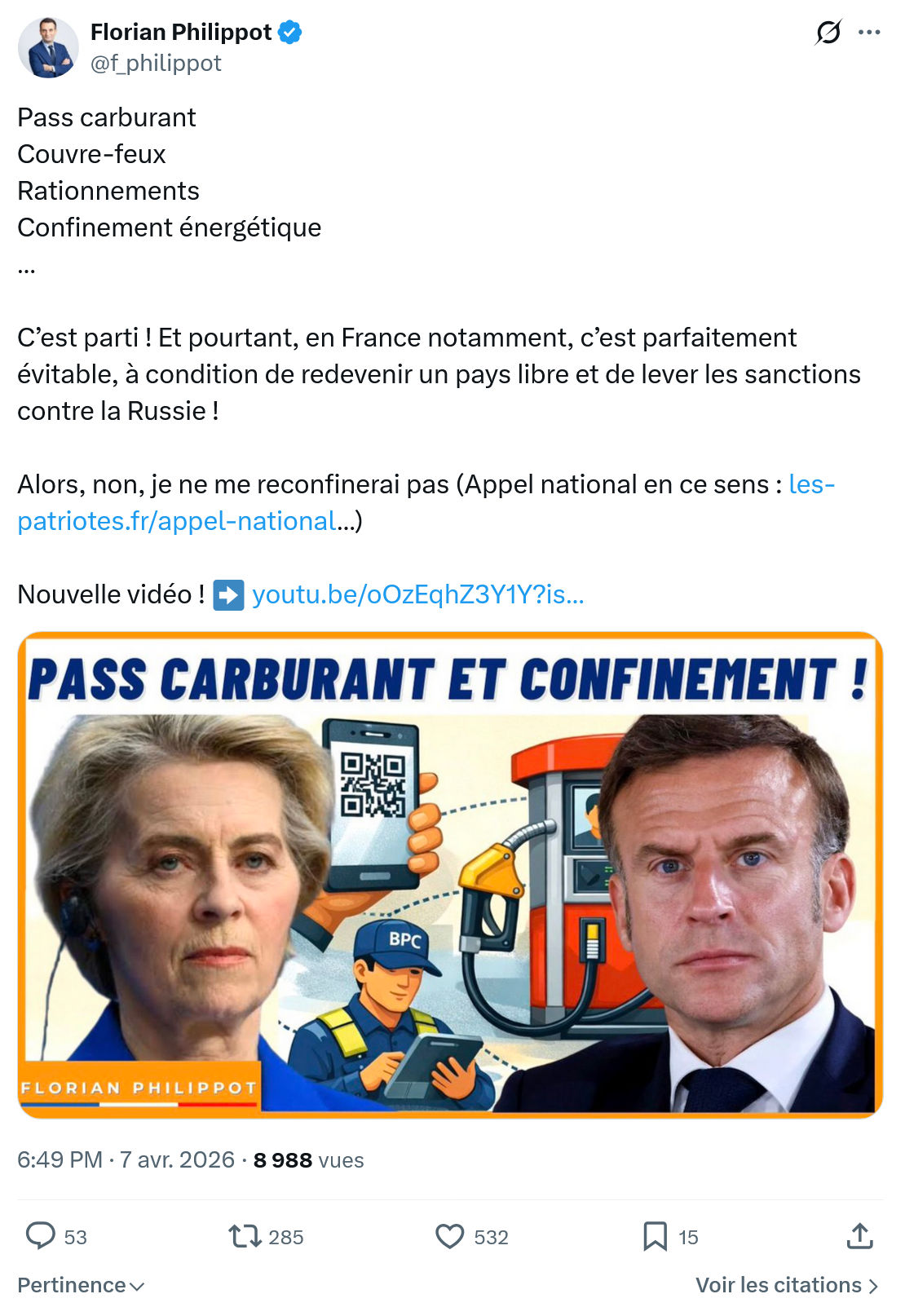 Florian Philippot: Pass carburant Couvre-feux Rationnements Confinement énergétique…