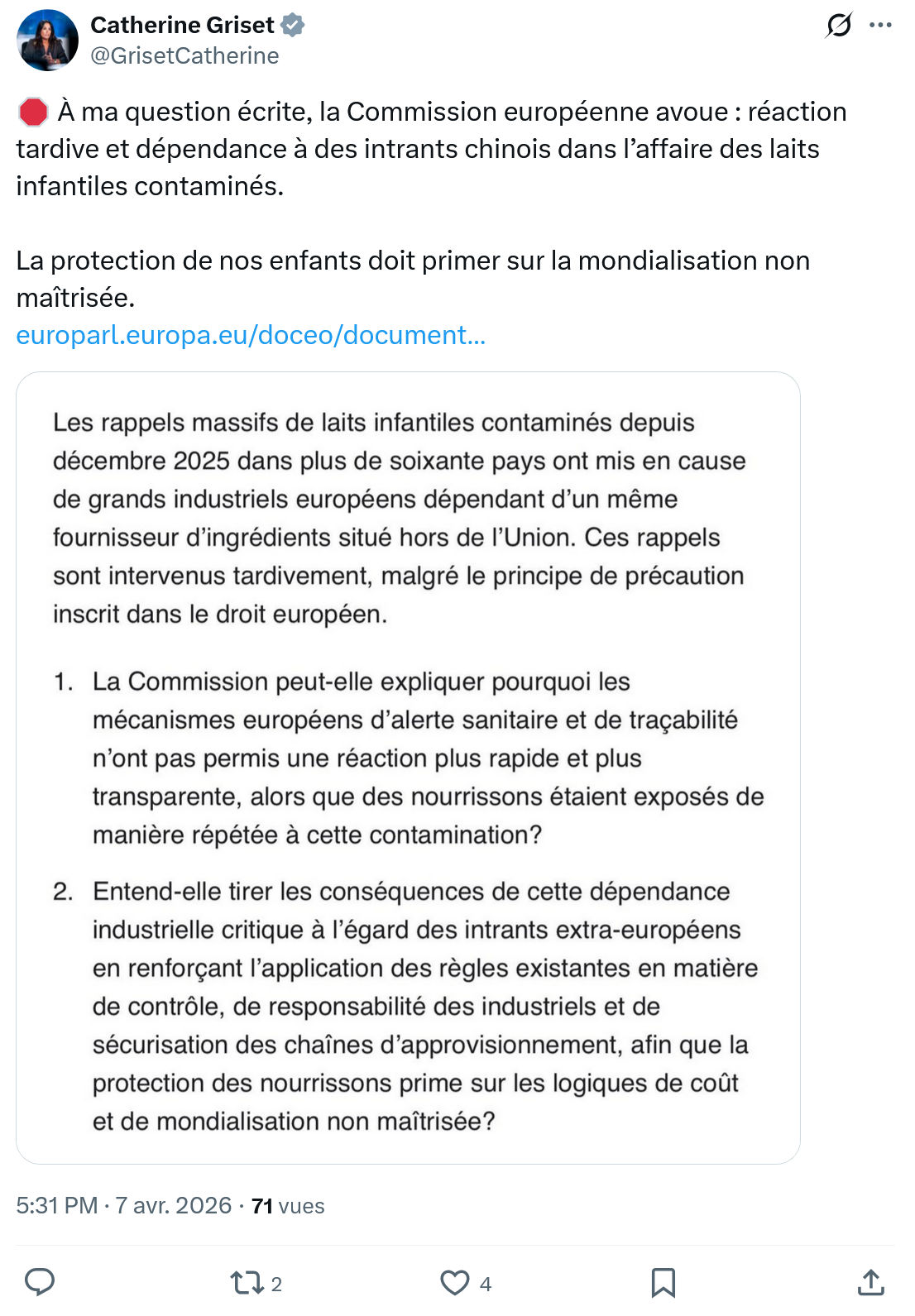 Catherine Griset: À ma question écrite, la Commission…