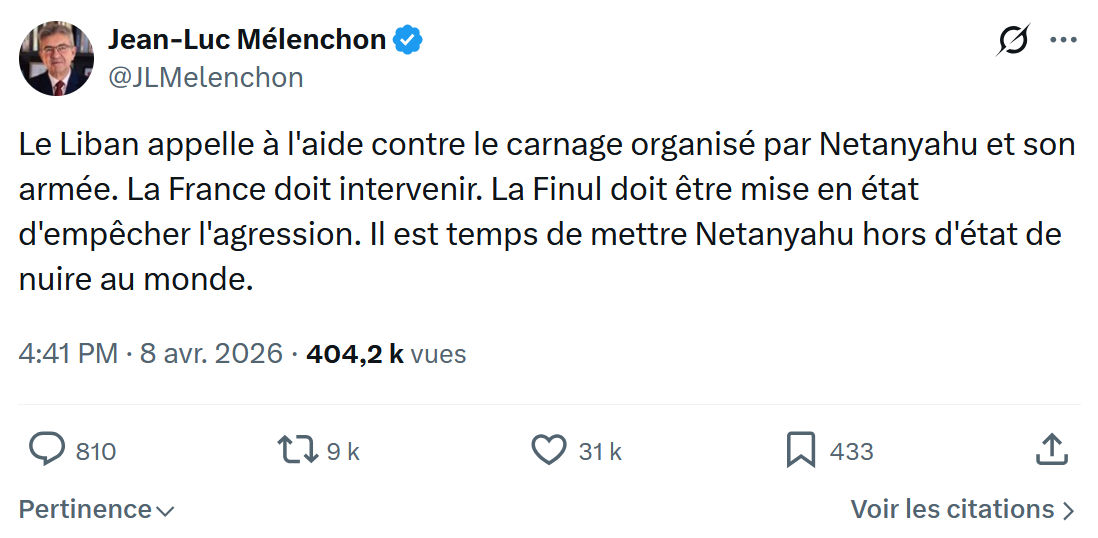 Jean-Luc Mélenchon: Le Liban appelle à l'aide contre le carnage...