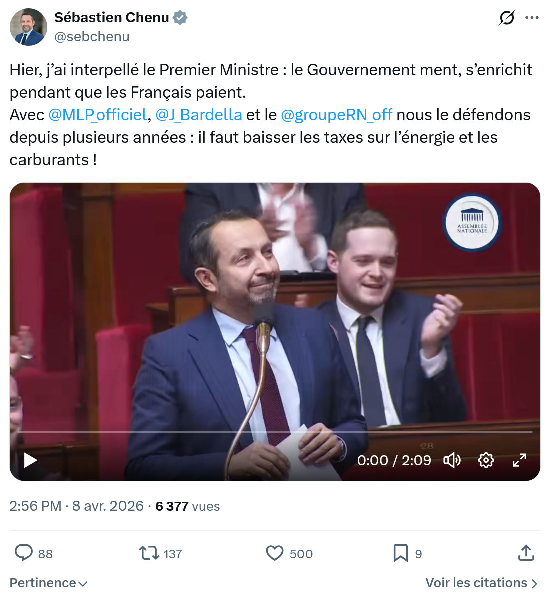 Sébastien Chenu: Hier, j’ai interpellé le Premier Ministre…