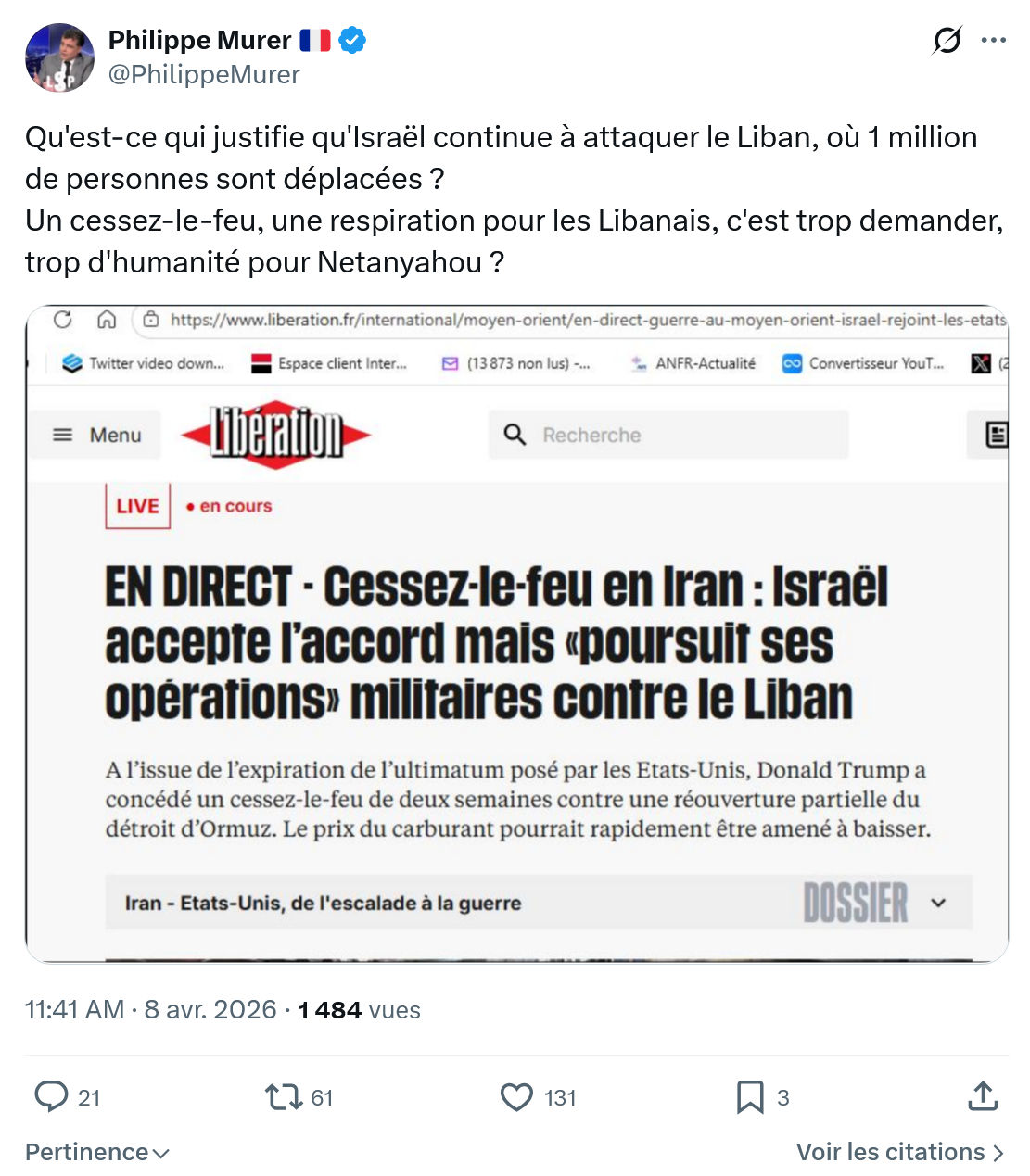 Philippe Murer: Qu'est-ce qui justifie qu'Israël continue…