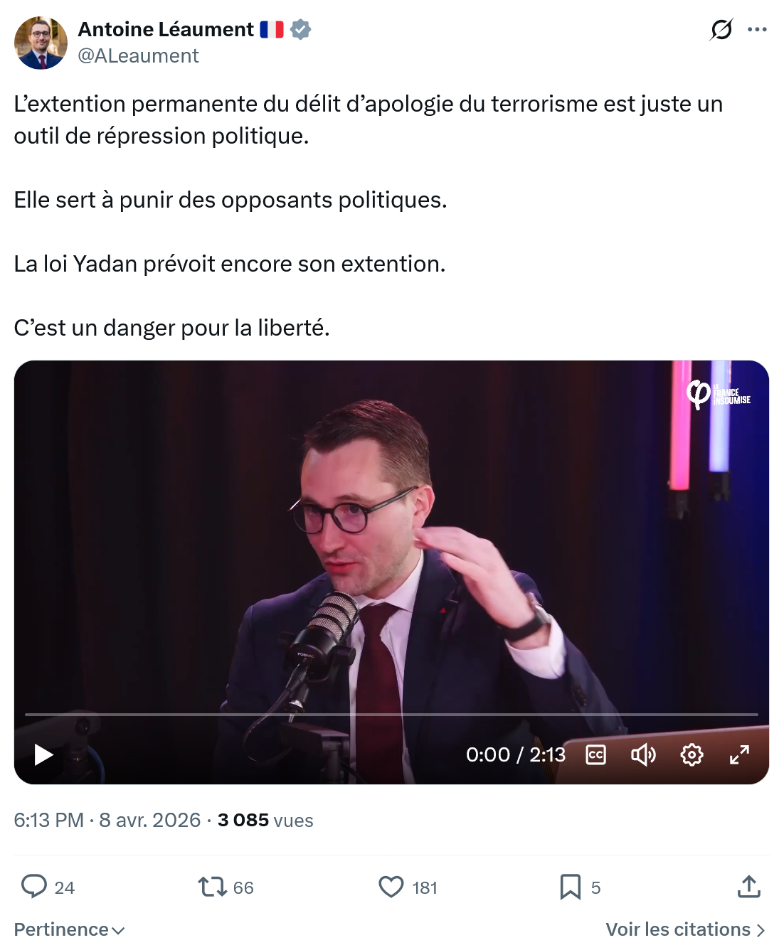 Antoine Léaument: L’extention permanente du délit d’apologie…