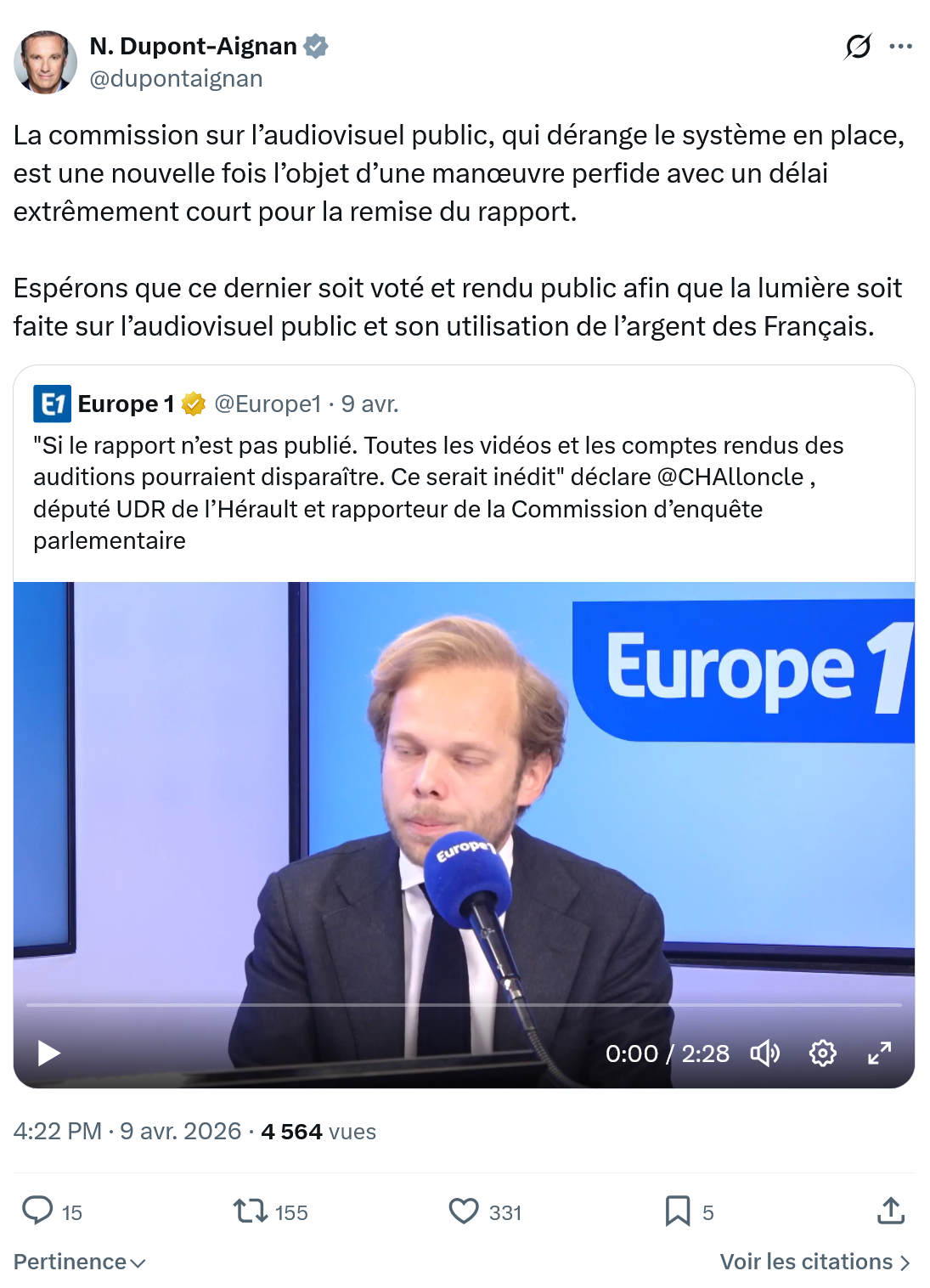 Nicolas Dupont-Aignan: La commission sur l’audiovisuel ...