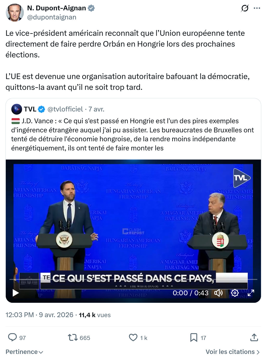 Nicolas Dupont-Aignan: Le vice-président américain reconnaît que...