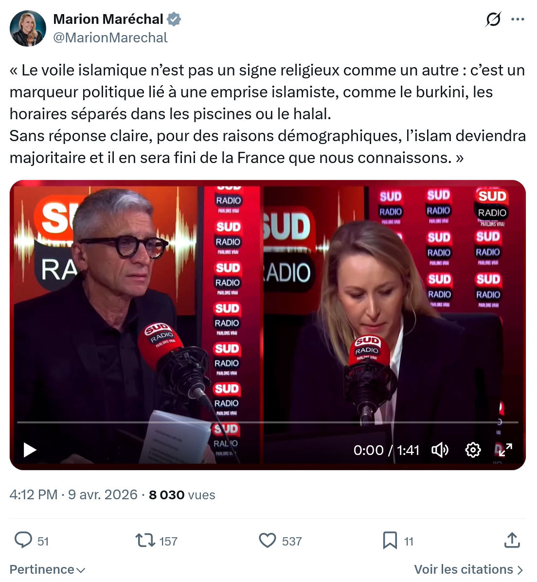 Marion Maréchal- Le Pen: Le voile islamique n’est pas ...