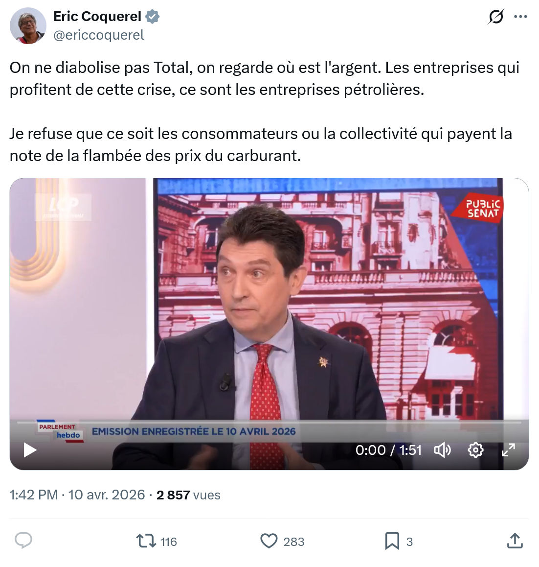 Eric Coquerel: On ne diabolise pas Total…
