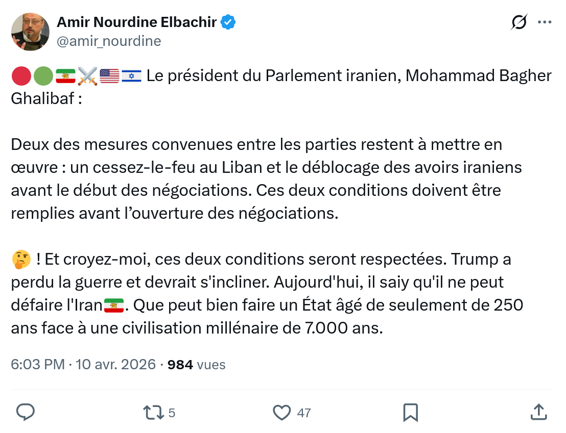 Amir Nourdine Elbachir: Le président du Parlement iranien…