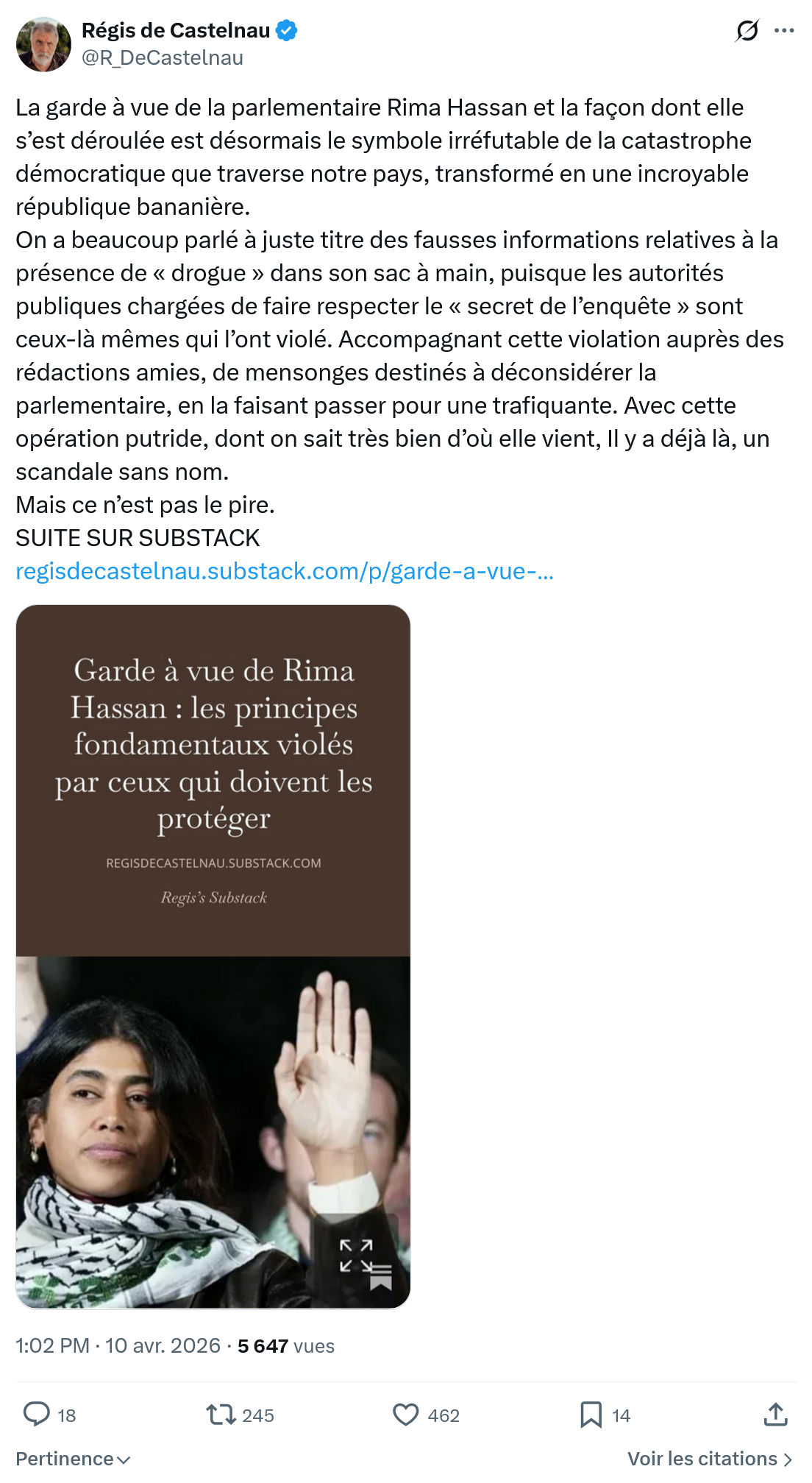 Régis de Castelnau: La garde à vue de la parlementaire Rima Hassan…