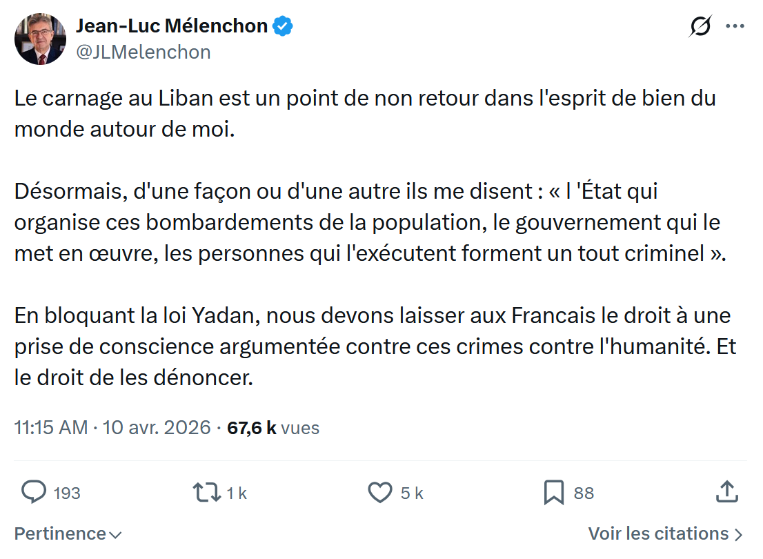 Jean-Luc Mélenchon: Le carnage au Liban est un point…