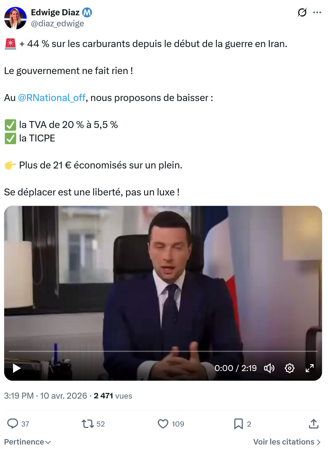 Edwige Diaz: + 44 % sur les carburants depuis…