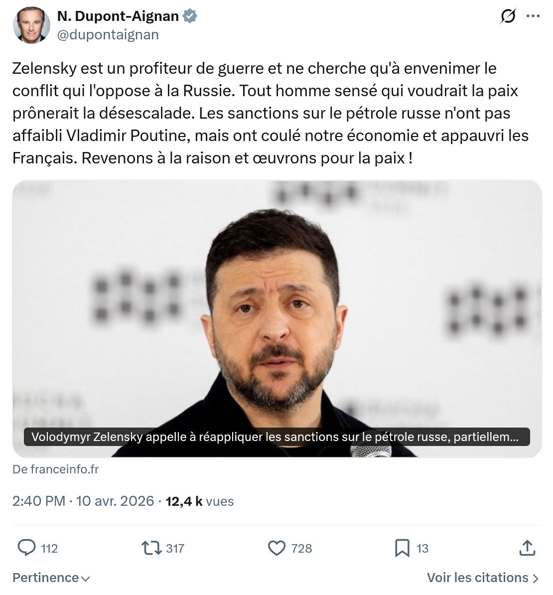 Nicolas Dupont-Aignan: Zelensky est un profiteur de guerre…