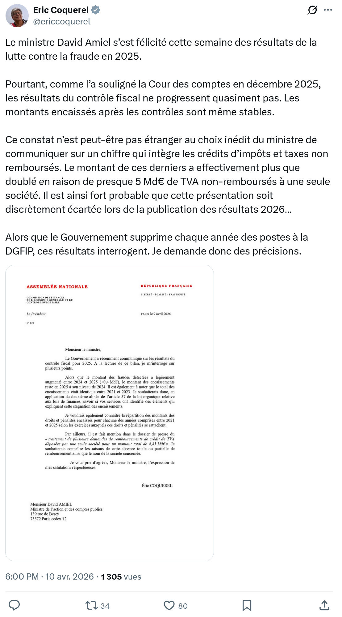 Eric Coquerel: Le ministre David Amiel s’est félicité…