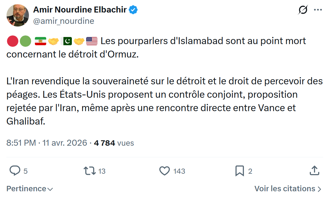 Amir Nourdine Elbachir: Les pourparlers d'Islamabad sont…