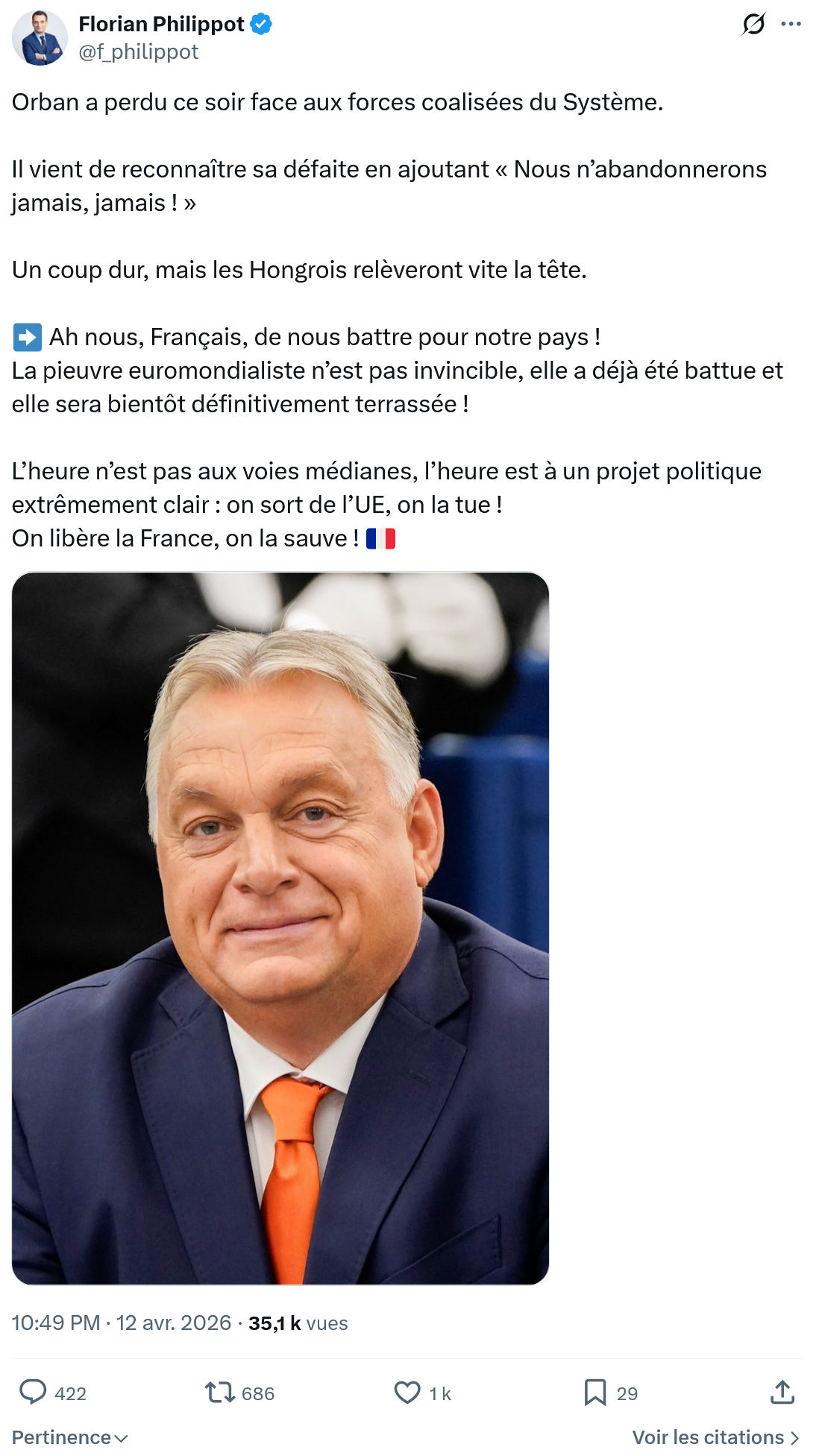 Florian Philippot: Orban a perdu ce soir face aux forces…