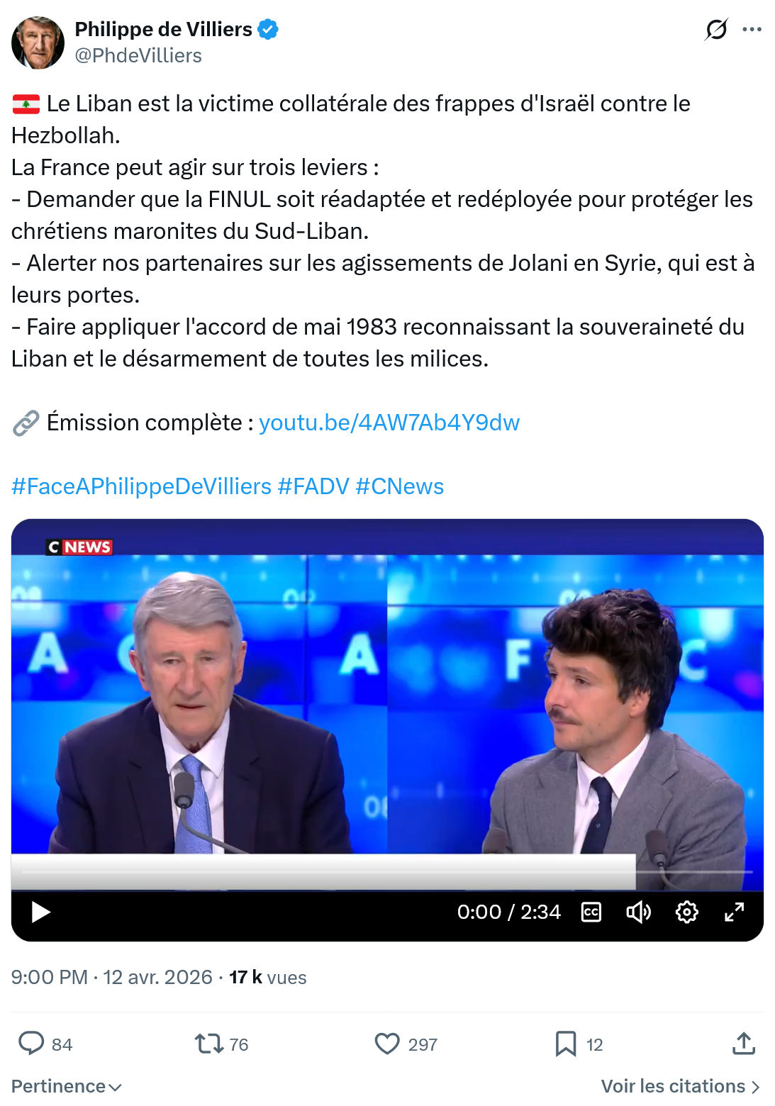 Philippe de Villiers: Le Liban est la victime collatérale…