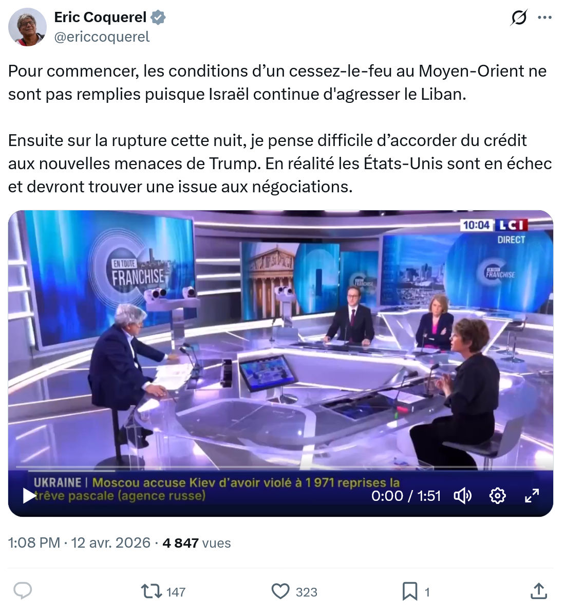 Eric Coquerel: Pour commencer, les conditions d’un cessez-le-feu au Moyen-Orient…