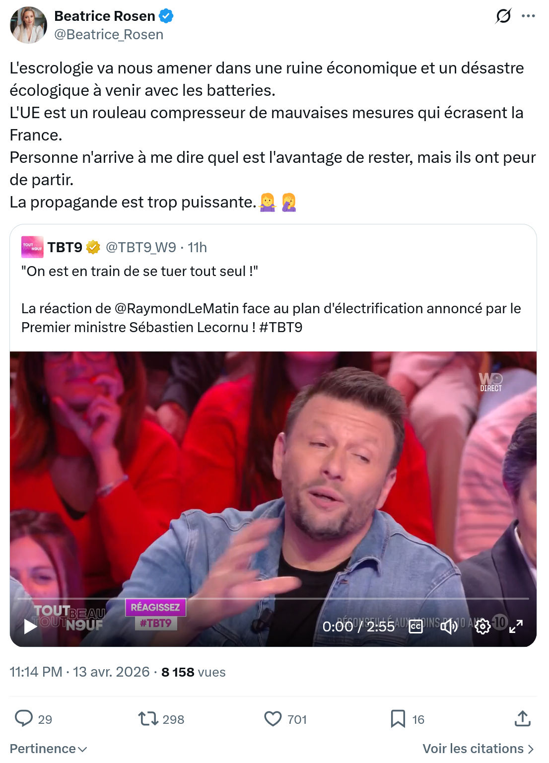 Béatrice Rosen: L'escrologie va nous amener dans une ruine…