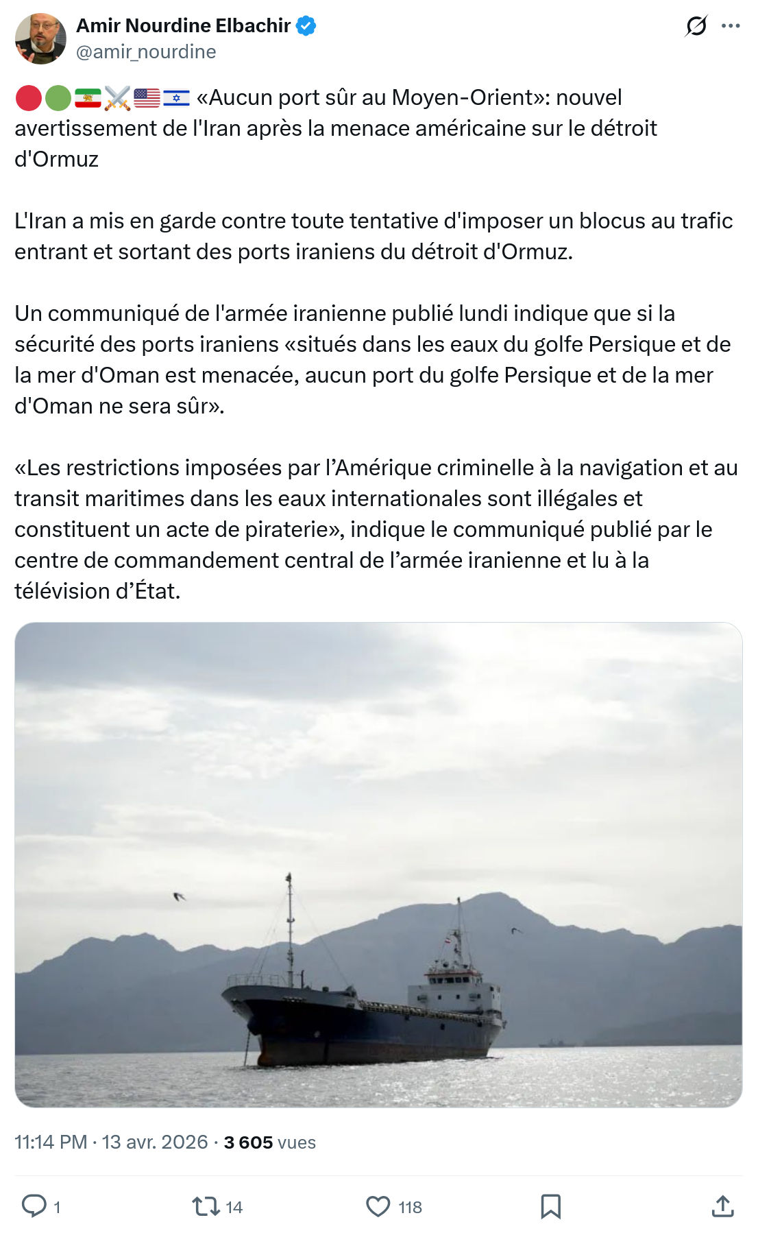 Amir Nourdine Elbachir: «Aucun port sûr au Moyen-Orient»…