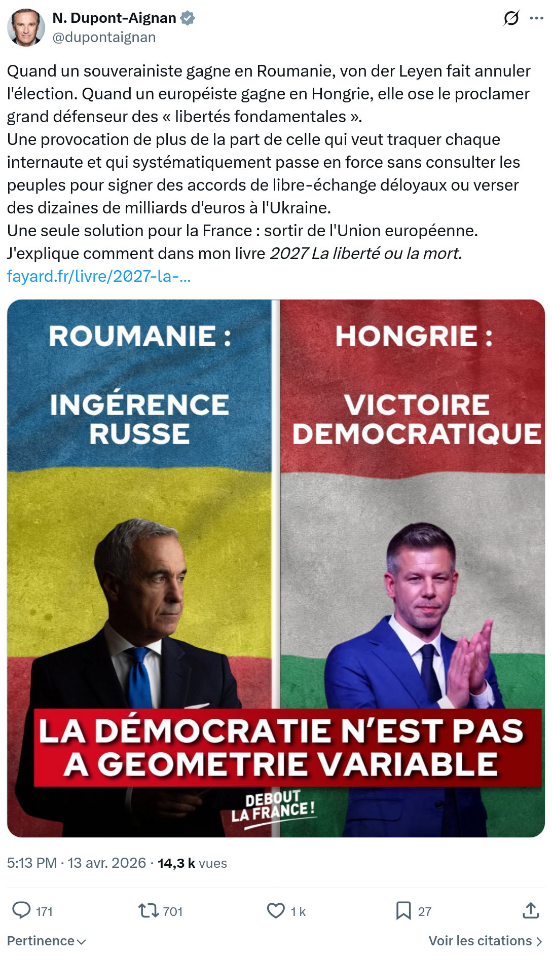 Nicolas Dupont-Aignan: Quand un souverainiste gagne en Roumanie…