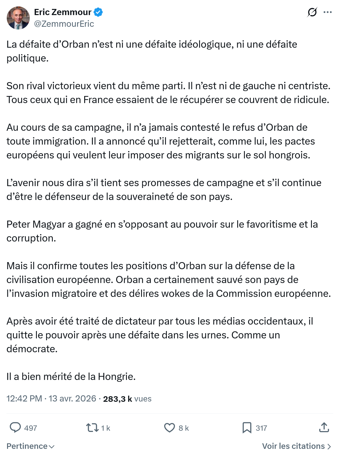 Eric Zemmour: La défaite d’Orban n’est ni une défaite idéologique…