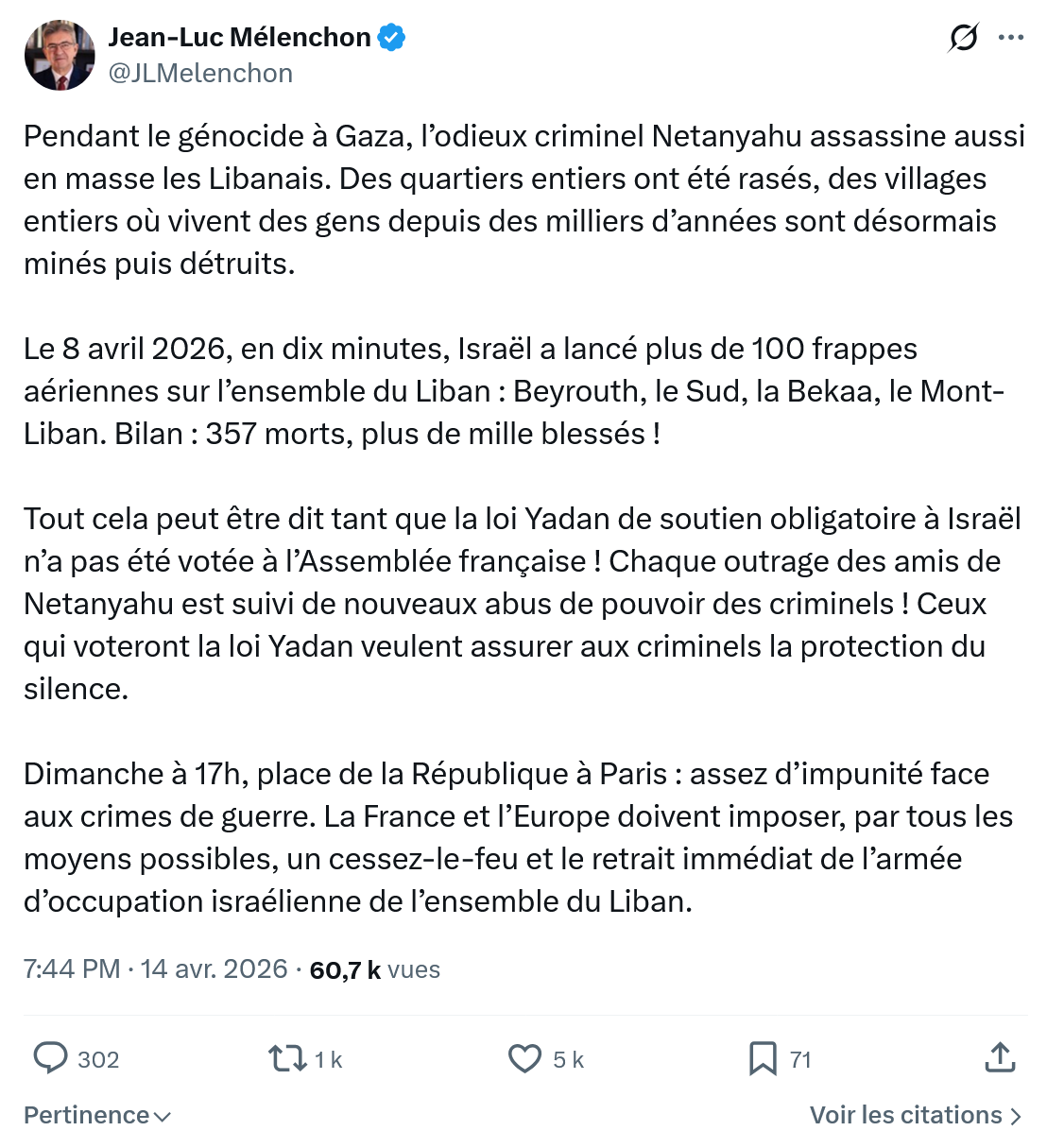 Jean-Luc Mélenchon: Pendant le génocide à Gaza…