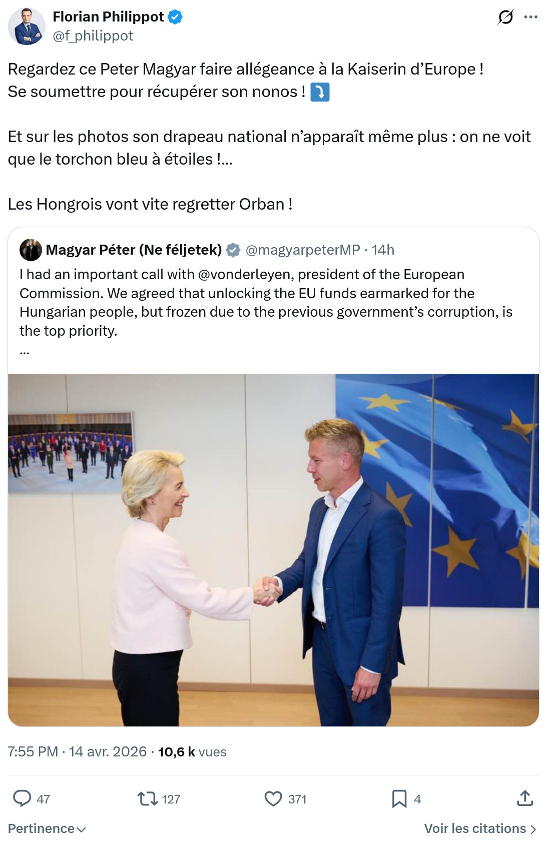 Florian Philippot: Regardez ce Peter Magyar faire allégeance…