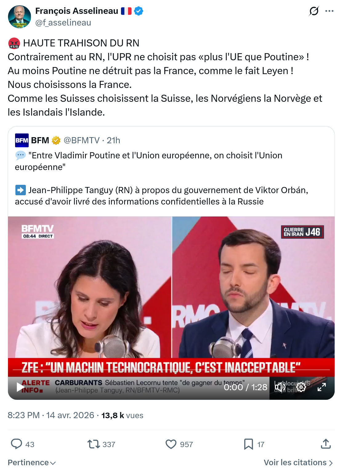 Francois Asselineau: HAUTE TRAHISON DU RN…