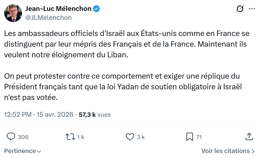 Jean-Luc Mélenchon: Les ambassadeurs officiels d'Israël aux États-unis…