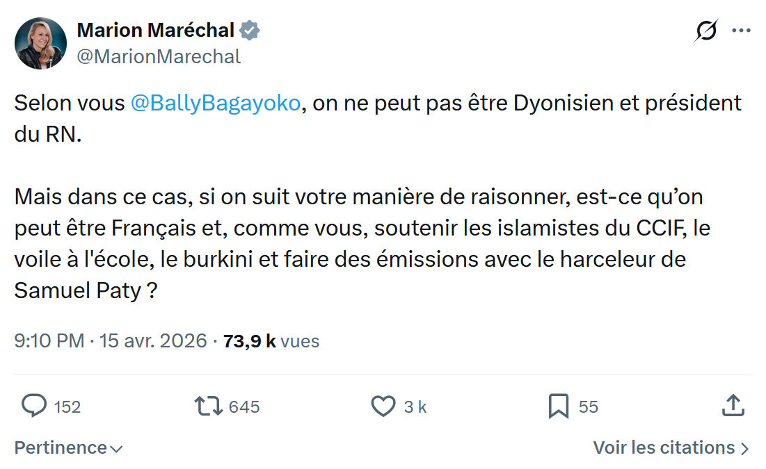 Marion Maréchal- Le Pen: Selon vous @BallyBagayoko…