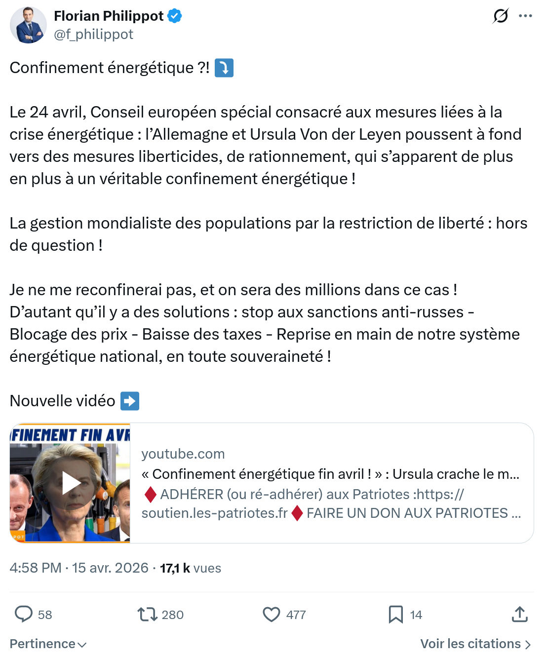 Florian Philippot: Confinement énergétique ?!…