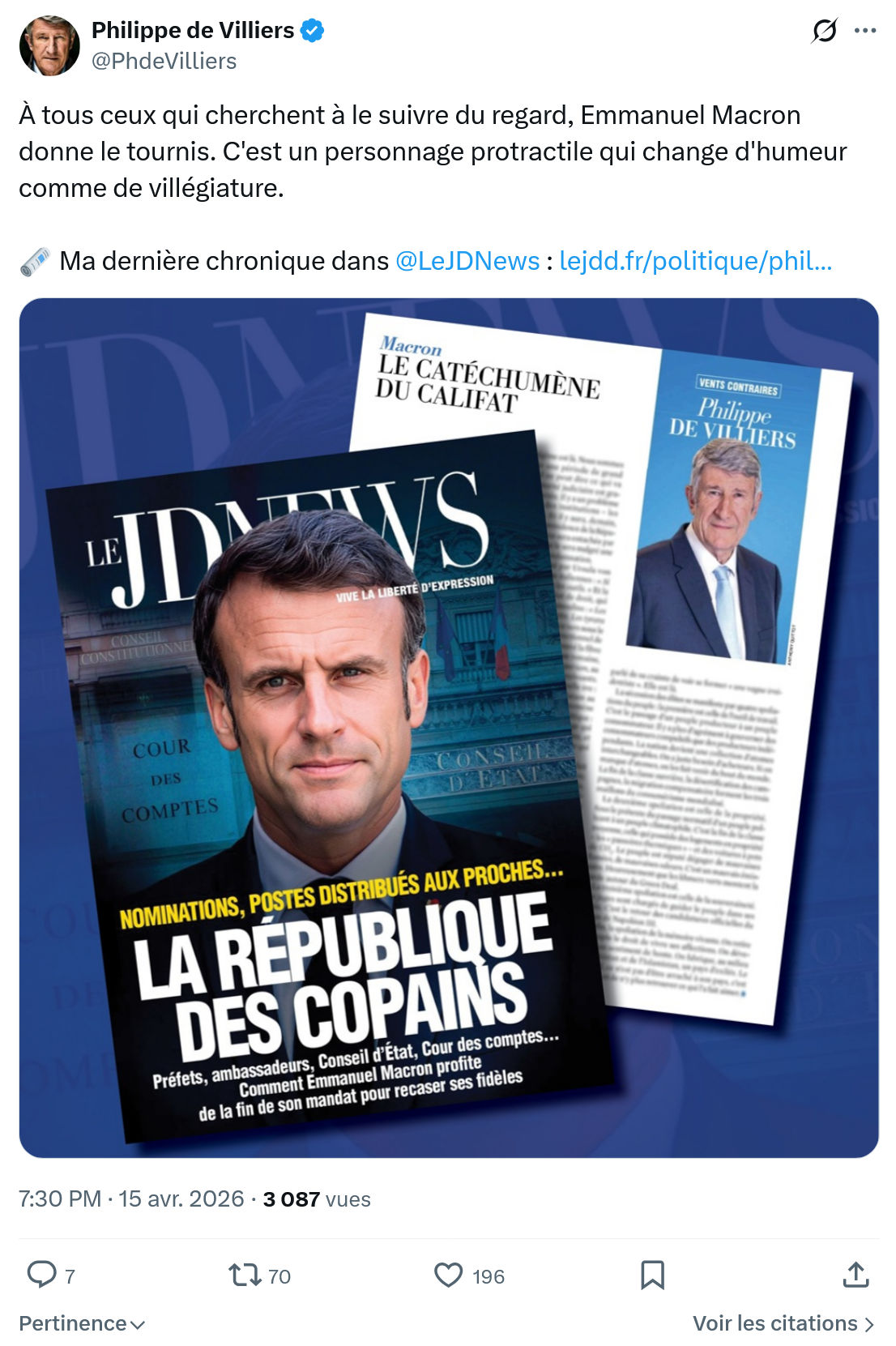 Philippe de Villiers: À tous ceux qui cherchent à le suivre du regard…