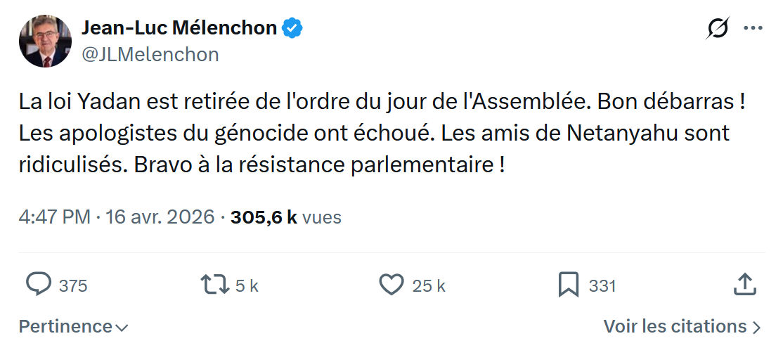 Jean-Luc Mélenchon: La loi Yadan est retirée de...