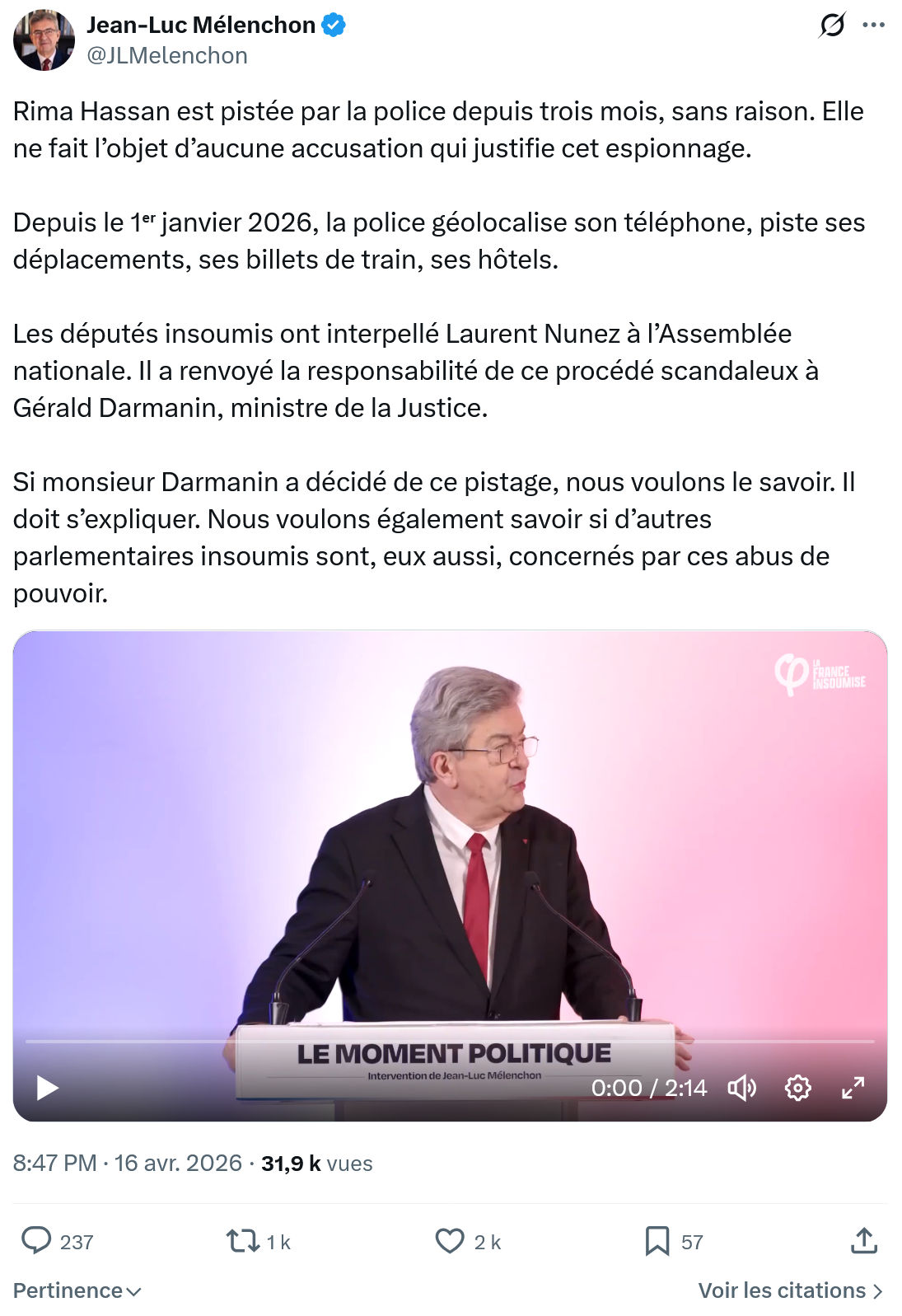 Jean-Luc Mélenchon: Rima Hassan est pistée par la...