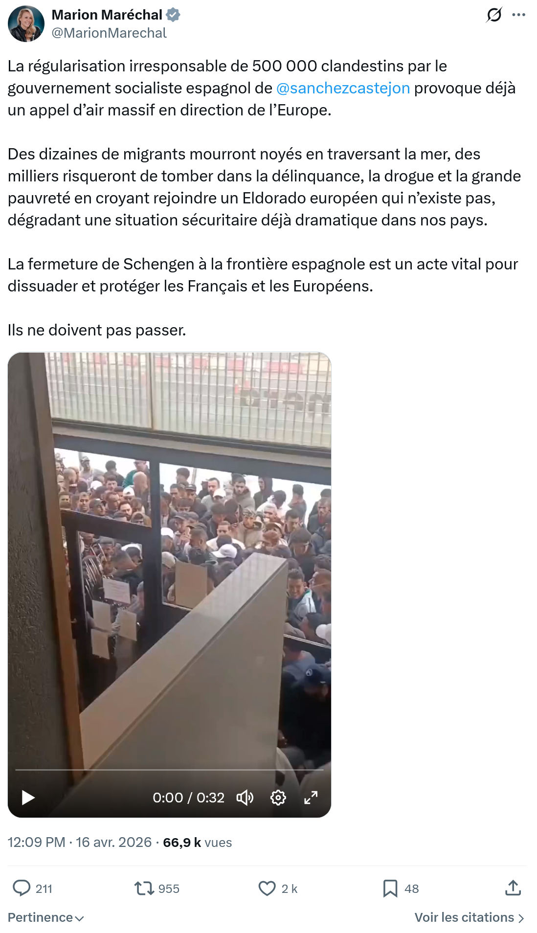 Marion Maréchal- Le Pen: La régularisation irresponsable de 500 000 clandestins...