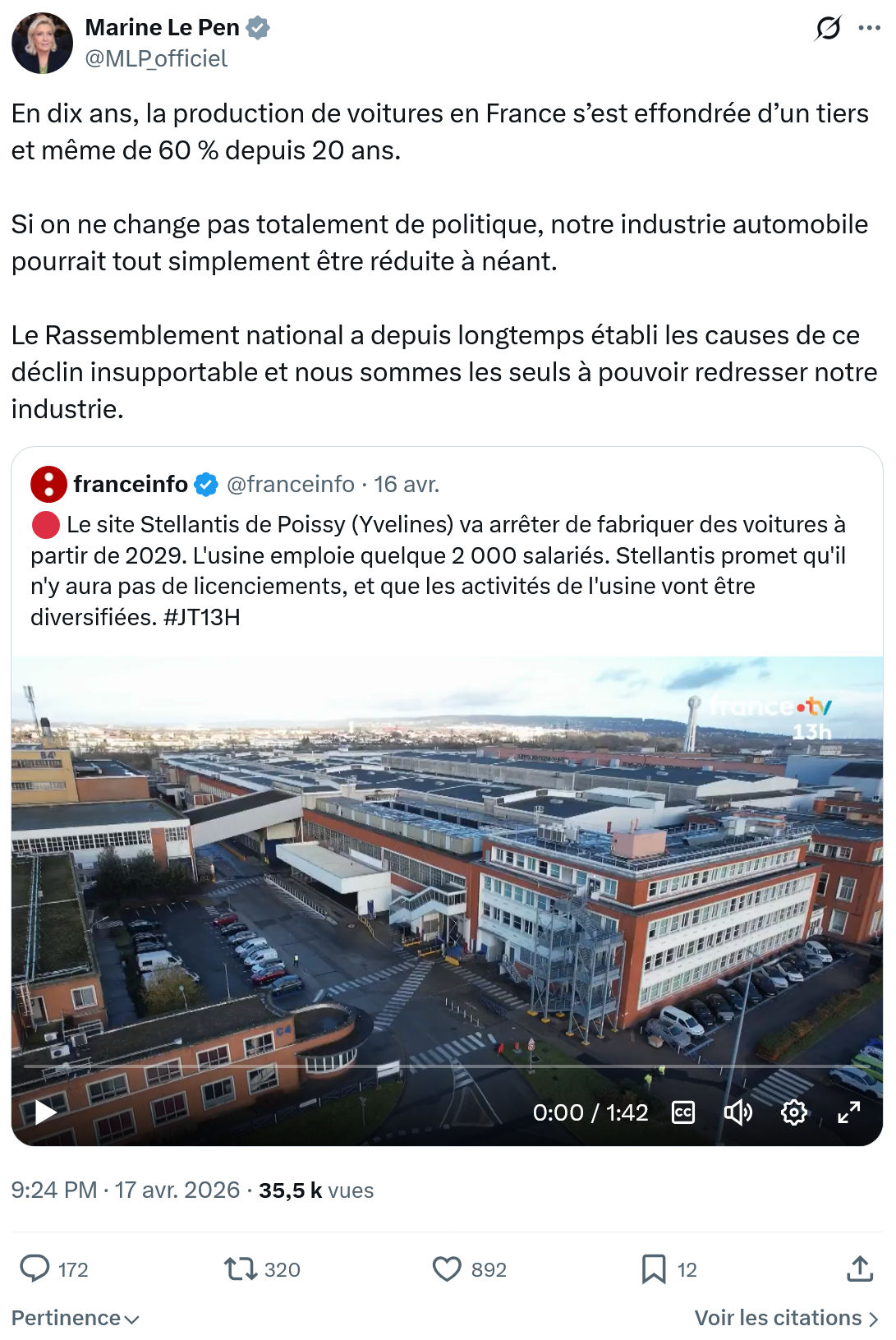 Marine Le Pen: En dix ans, la production de...