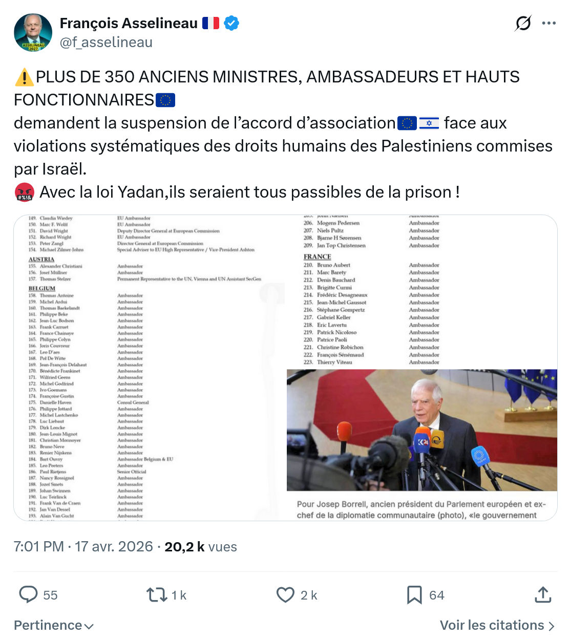 Francois Asselineau: PLUS DE 350 ANCIENS MINISTRES, AMBASSADEURS...