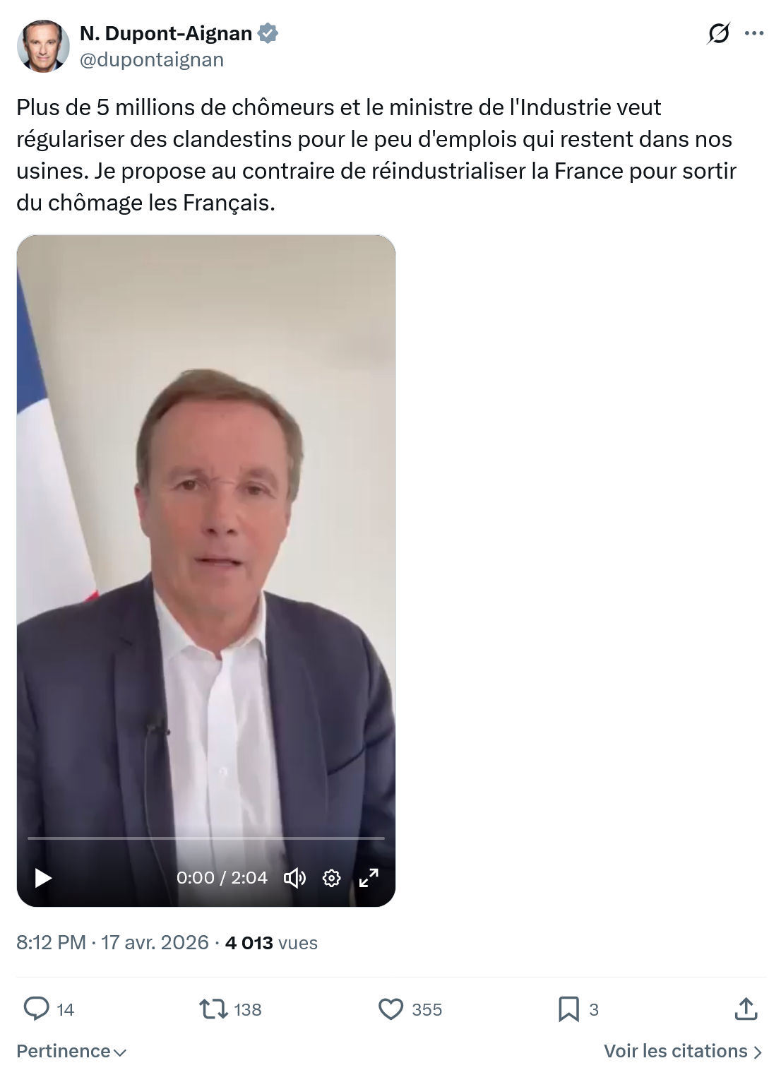 Nicolas Dupont-Aignan: Plus de 5 millions de chômeurs...