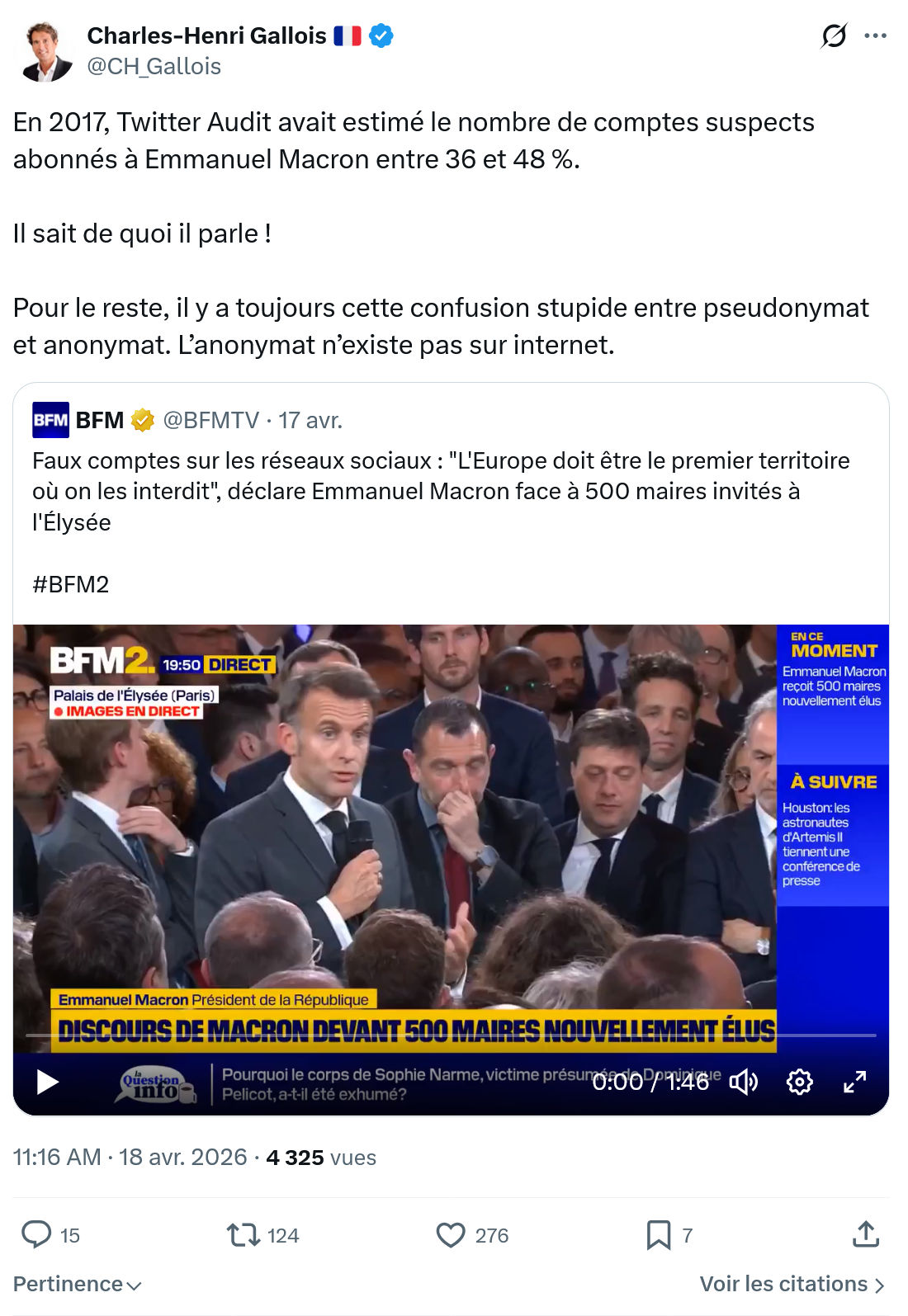 Charles-Henri Gallois: En 2017, Twitter Audit avait estimé…
