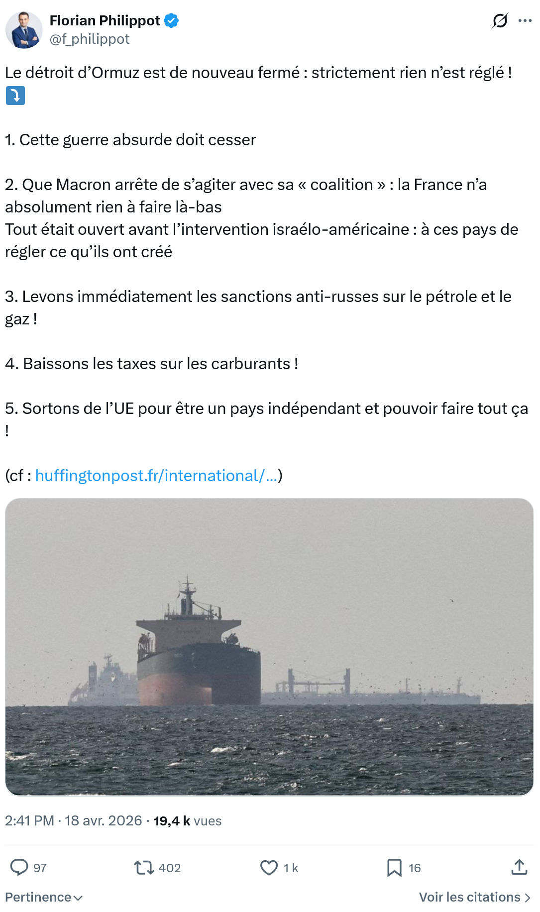 Florian Philippot: Le détroit d’Ormuz est de nouveau fermé…