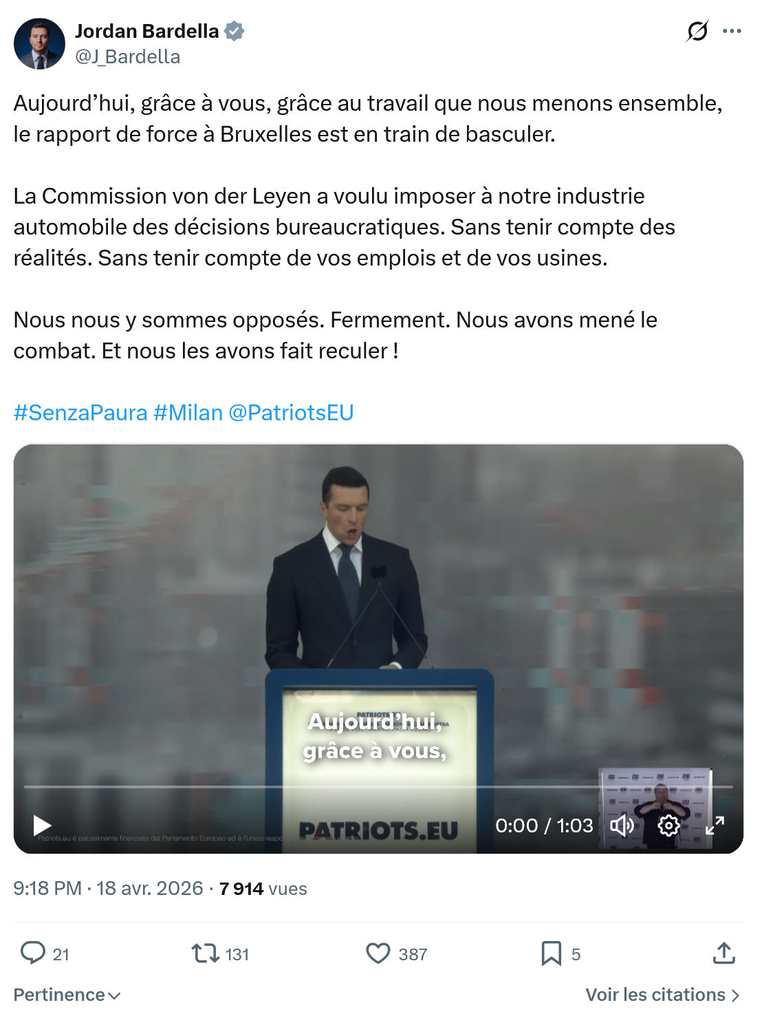 Jordan Bardella: Aujourd’hui, grâce à vous…